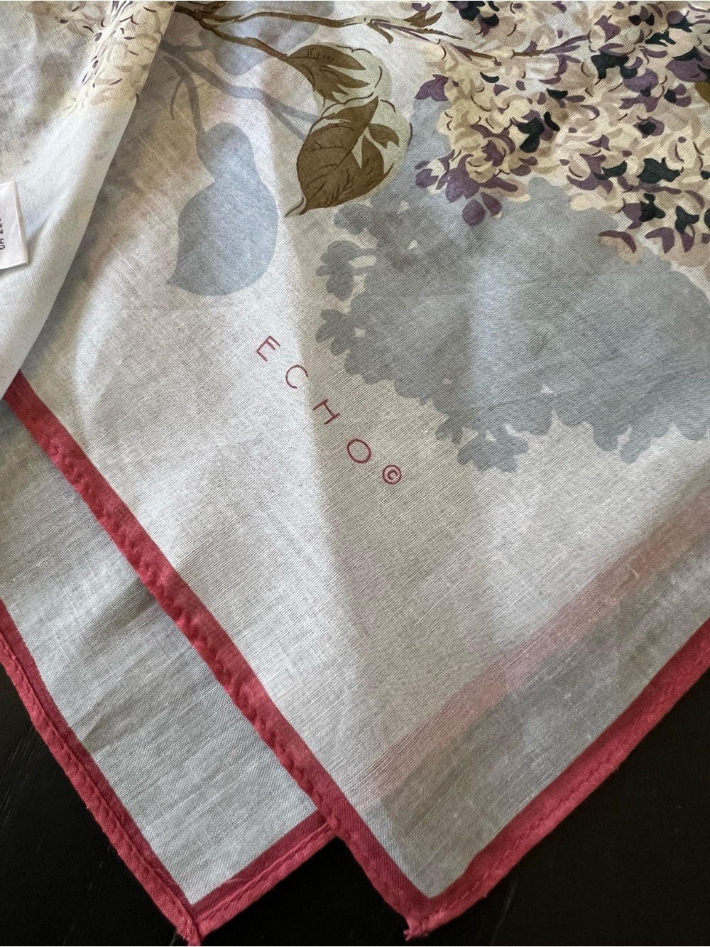 ECHO 100% cotón. Floral Square Scarf with Pink Trim - Picture 3 of 6
